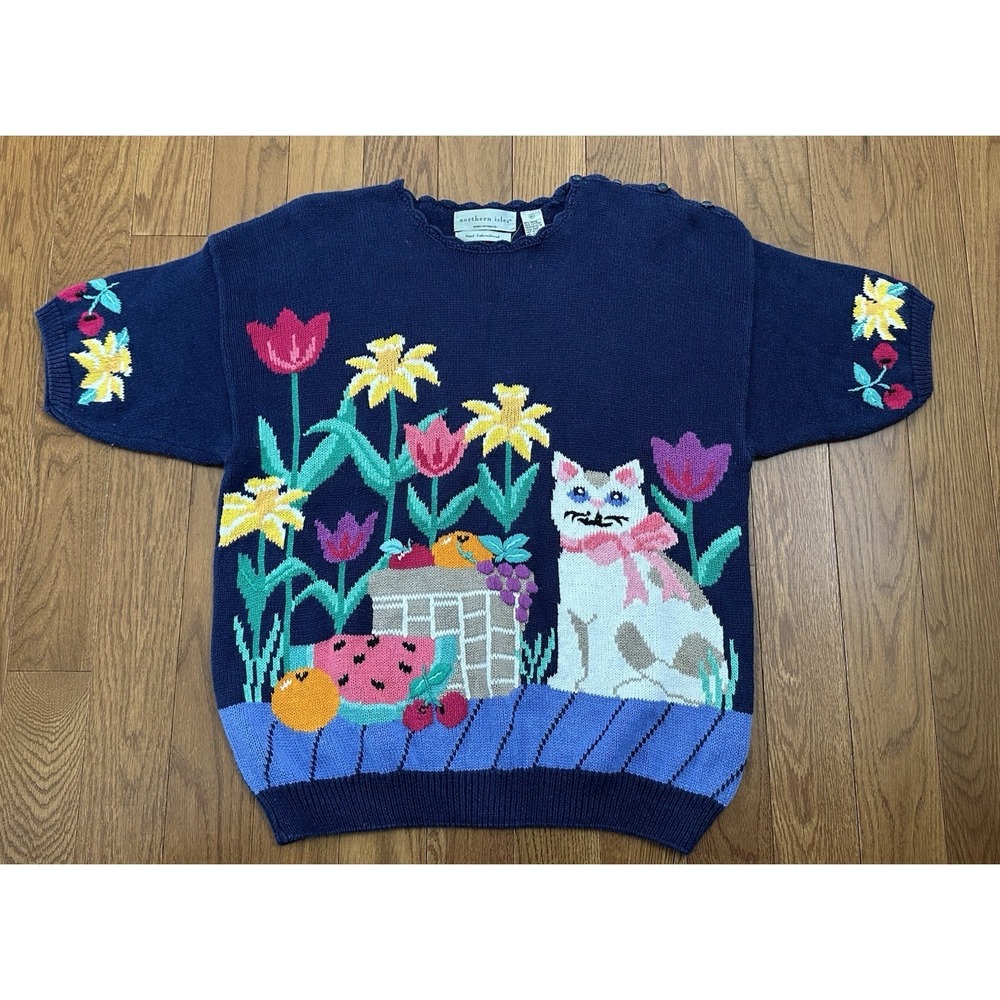 Vintage Northern Isles Hand Embroidered Cat Sweater XL‎ Navy Floral Fruit